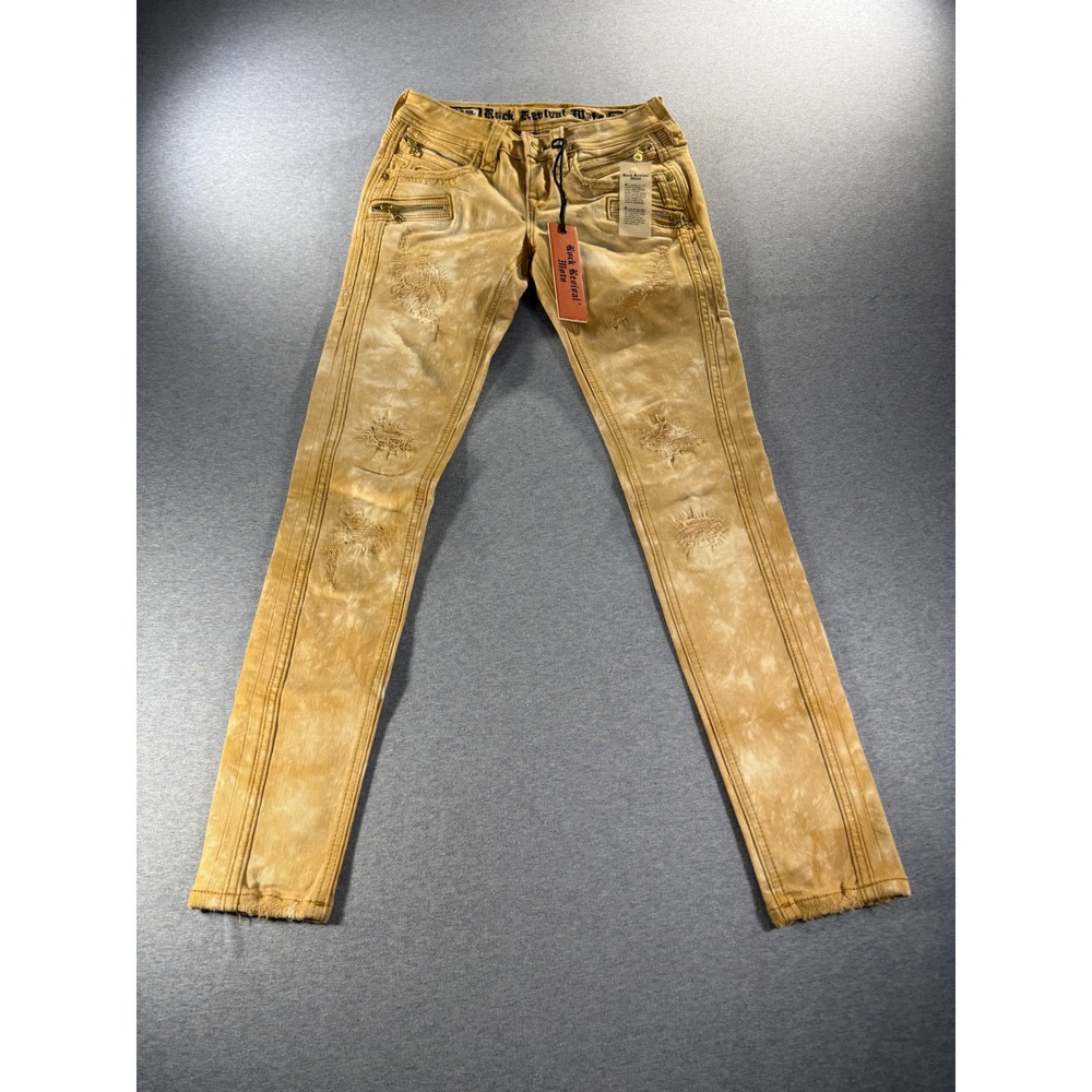 Rock Revival Moto Cladelle Skinny Jeans Yellow Acid Wash Distressed Biker 24